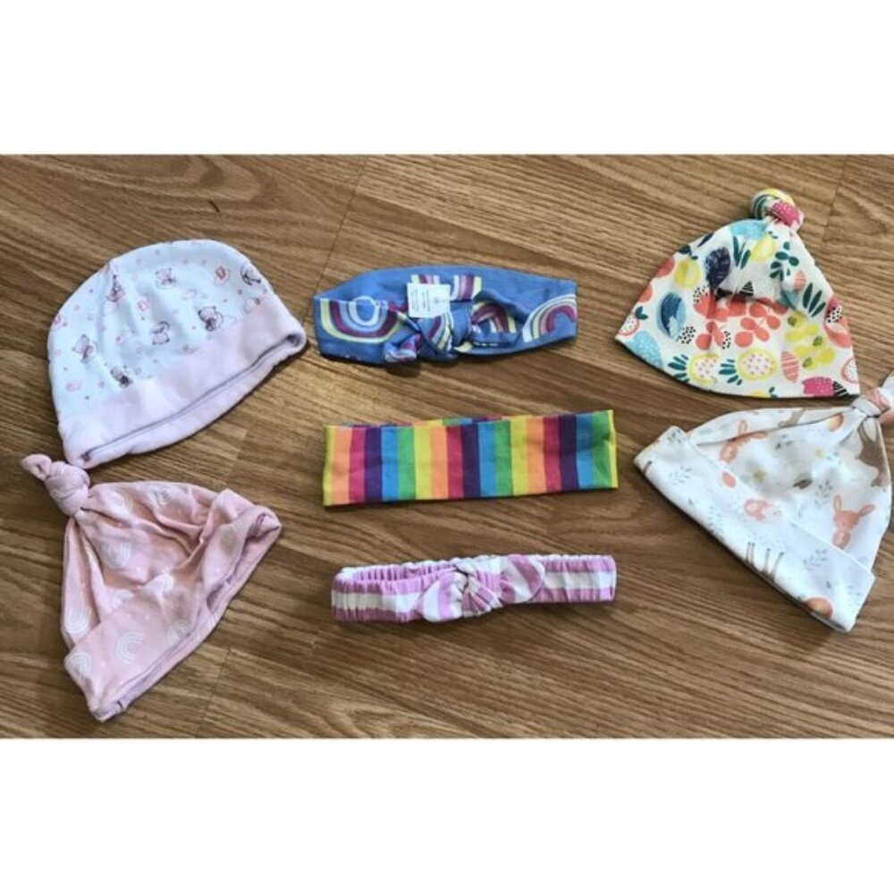 Adorable Baby Hats  Headbands Bundle Cotton 0-9M Lot